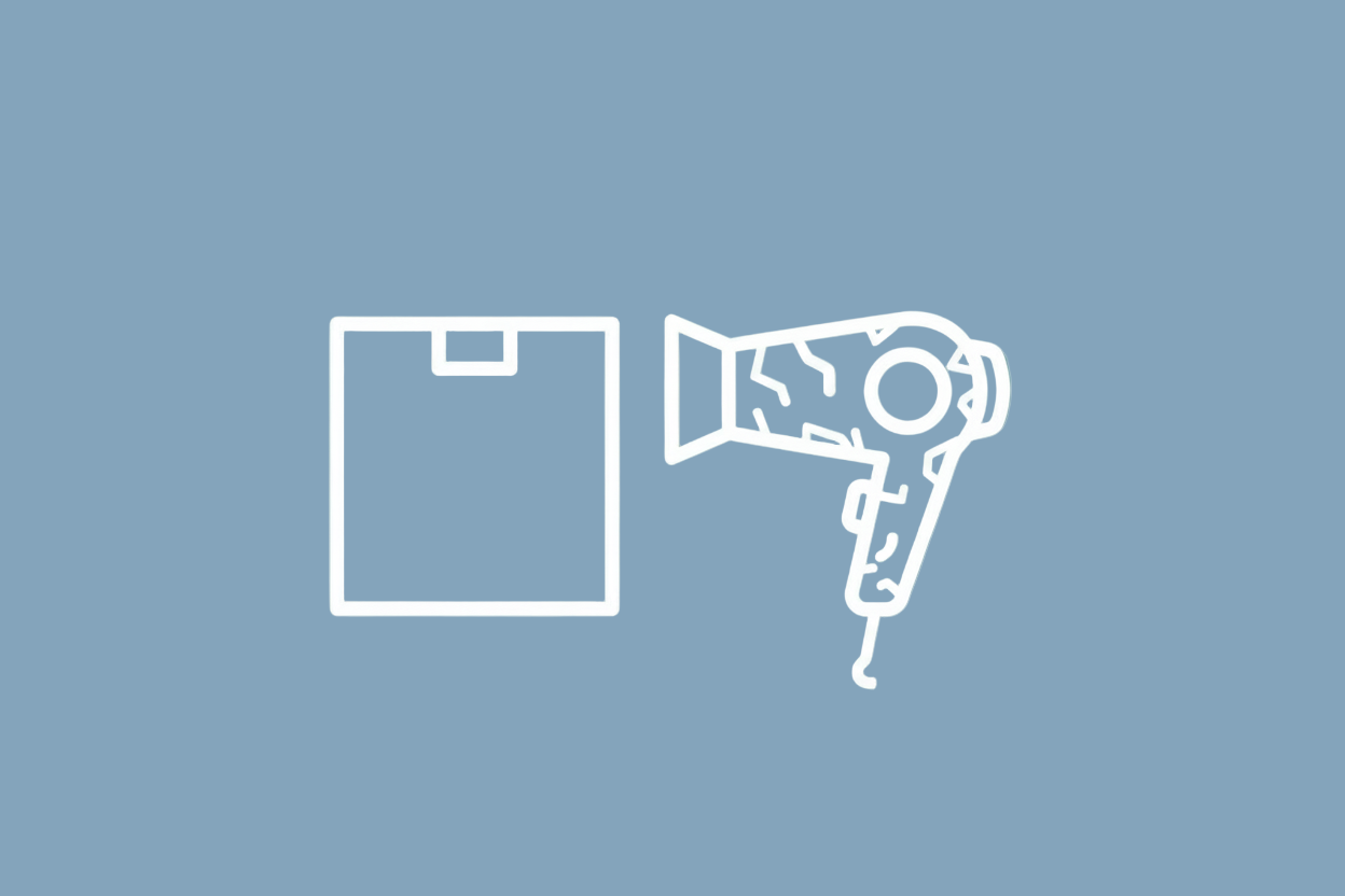 “Flat icon illustration with a square background and white line art. Show a product box in normal condition. Next to it, show a hair dryer icon with a small cosmetic damage mark, such as a tiny scratch or a small dent line. Do not add sparkles. Use minimalistic clean lines, no shading, no realism, only simple icon-style artwork. Keep the icon centered and compact.”
