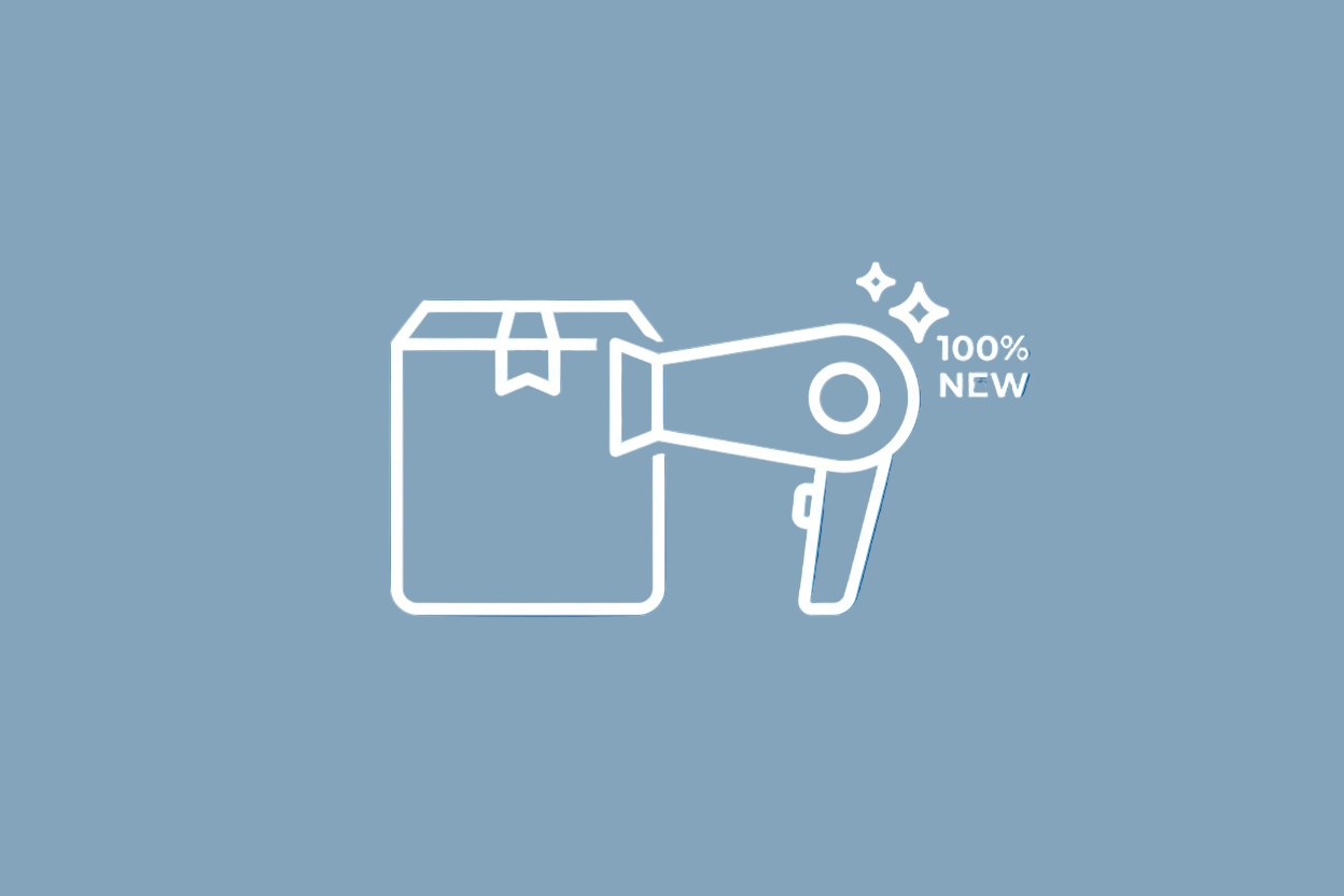 Flat icon illustration with a square background and white line art. Show a simple product box and a hair dryer icon beside it. Add small sparkle accents on both the box and the product to show that it is 100% new. Use minimalistic clean lines, no shading, no realism, only simple icon-style artwork. Keep the icon centered and compact.”